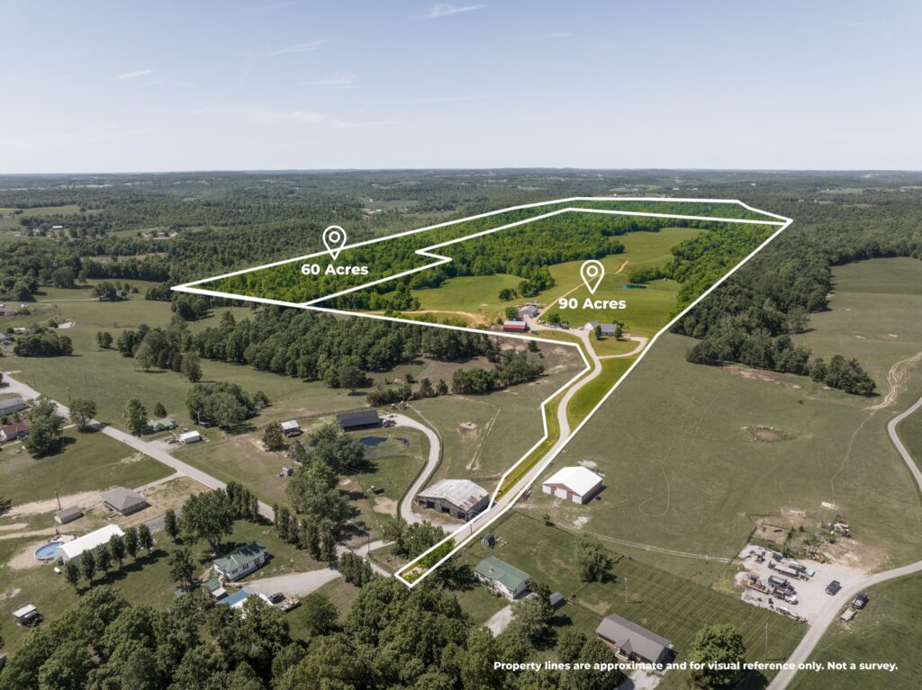 Drone photo with drawn property boundary lines marking a 90 acre and a 60 acre parcel in Leitchfield Kentucky